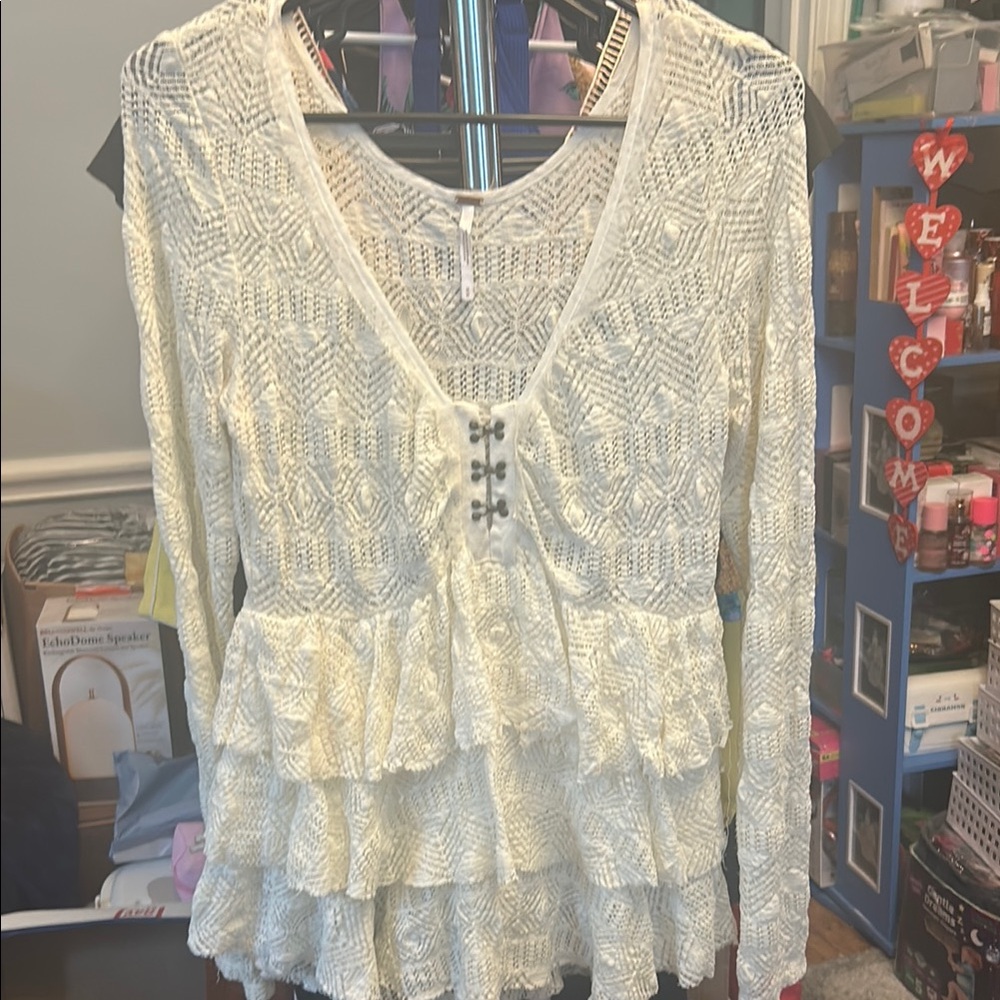 Cream Crochet Peplum Long-Sleeve Free People Top